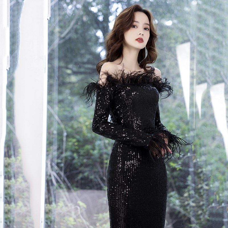 黑色一字肩性感晚礼服女气质亮片鱼尾高级感成人礼宴会长袖连衣裙,女装/女士精品,连衣裙,淘宝优惠券,粉丝福利购,淘宝优惠卷