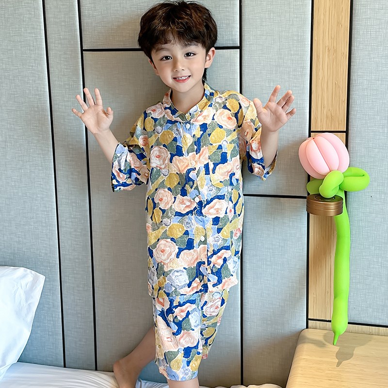 亲子儿童睡衣短袖一家三口四口夏季棉绸薄男女童可外穿家居服套装