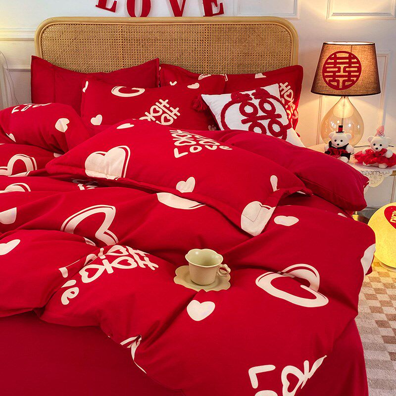 婚庆喜被床上四件套大红色结婚床单被套婚嫁新婚房磨毛非全棉纯棉