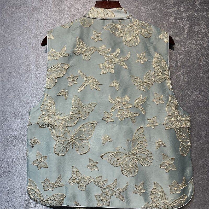 粉艳蝶舞新中式轻国风提花织锦缎马甲上衣女文艺气质真丝马夹