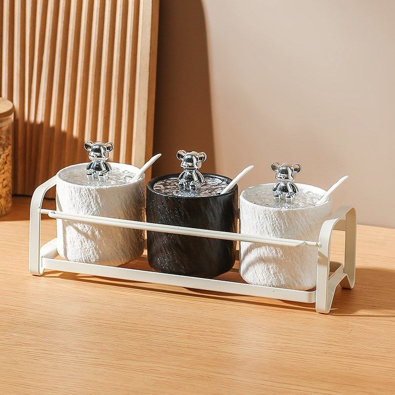 双层陶瓷调味罐调料盒套装家用厨房辣椒盐糖收纳罐子免钉胶置物架