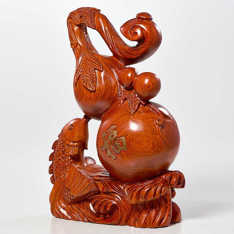 花梨木雕刻福禄有鱼葫芦摆件工艺品实木质植物家居办公室祝福送礼