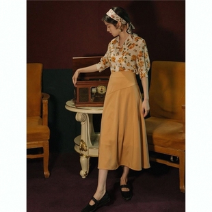 夏港风套装 复古高腰黄色半身裙气质显瘦轻熟两件套裙子 女花色衬衫