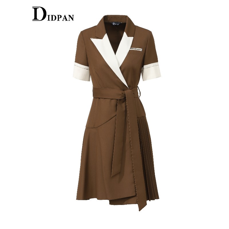 IDPAN夏季长裙时尚错落剪裁裙摆西装领短袖连衣裙女裙子