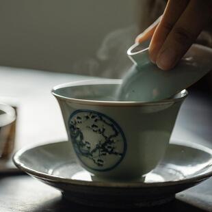 无茶落手绘开寒梅盖碗纯手NXR工泡茶碗杯功夫茶具套装薄窗釉下胎