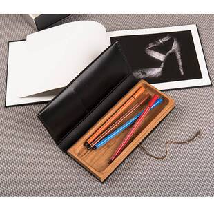 创意收皮制文具盒皮制文具笔盒纳日式简约桌盒面多功能携式木质笔