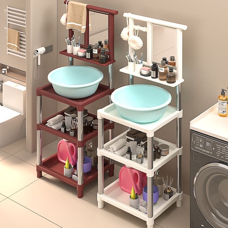 新款加粗加厚不锈钢洗脸盆架子农村浴室家用脸盆架防锈带镜子包邮