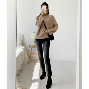 烟灰色牛仔裤女秋冬2021年新款加绒高腰阔腿宽松显瘦烟管裤直筒裤