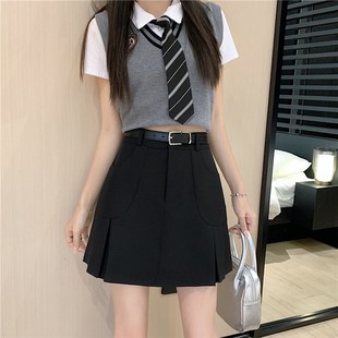 大码 半身裙百搭学生胖mm腰带短裙 黑色A字裙女高腰轻熟风显瘦夏季