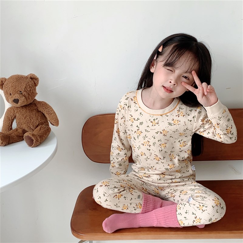 儿童纯棉春季新款秋衣套装儿童家居服宝宝套装精梳棉内衣提花空气