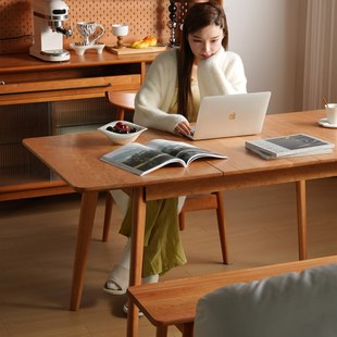 日式全实木餐桌家用小户型饭桌折叠可伸缩樱桃木原木风餐桌椅组合