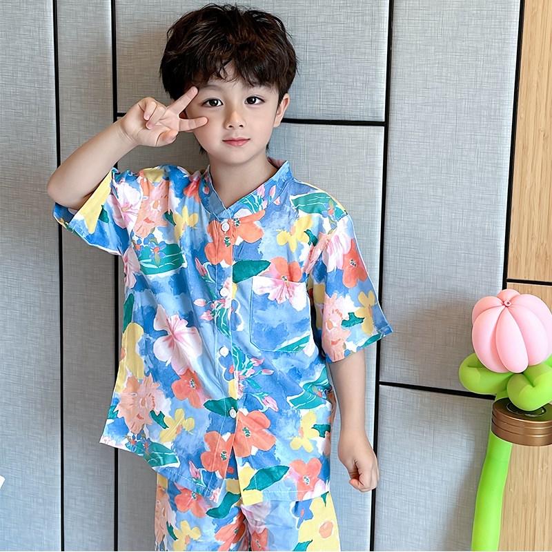 一家三口亲子儿童睡衣短袖四口夏季棉绸薄男女童可外穿家居服套装