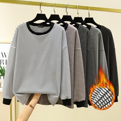 秋冬德绒保暖圆领长袖T恤女黑白条纹休闲内搭打底衫加绒加厚上衣