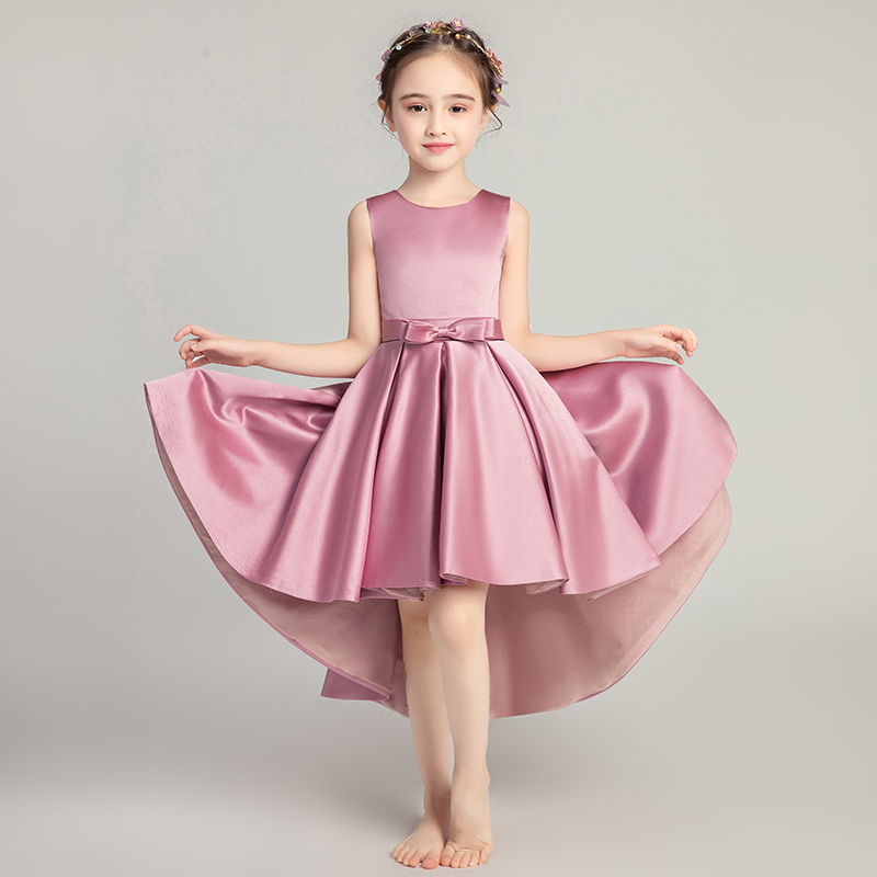 女童晚礼服公主裙无袖缎面儿童钢琴演出服模特走秀表演服装洋气粉