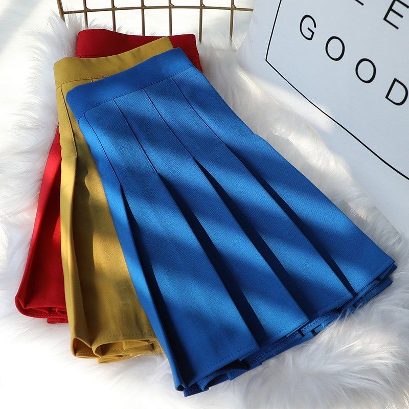 克莱因蓝百褶裙春秋冬款高腰a字显瘦夏学院风短裙女西装料半身裙