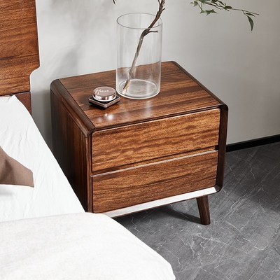 乌金木实木床头柜床边储物柜轻奢意式极简北欧收纳柜圆角整装边柜