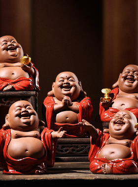 新中式喜庆红弥勒佛摆件客厅玄关书桌博古架佛像装饰茶室桌面摆放