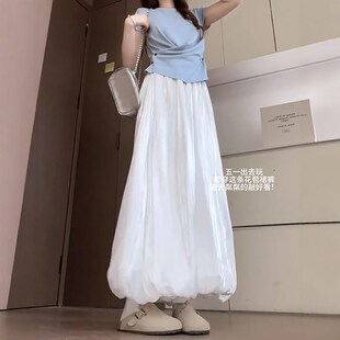 白色缎面长款花苞裤裙夏日松弛感大码胖mm显瘦休闲阔腿裙裤子女款