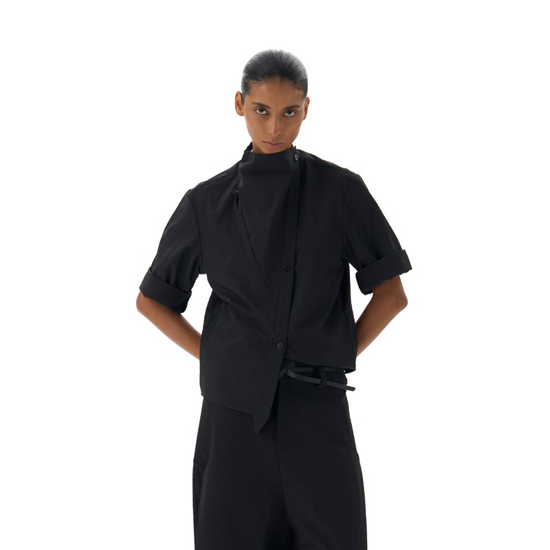 BEVAN UP黑灰格皱 立体荡领 多形态3D剪裁防晒中袖衬衫