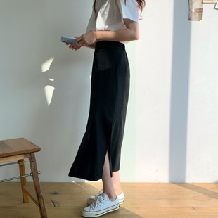 春夏西装面料两边开叉直筒包臀宽松铅笔中长款半身长裙子女装大码