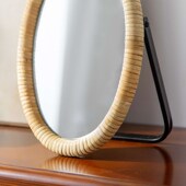 藤编镜子摆台支架镜北欧复古手工化妆桌镜梳妆台小圆镜侘寂民宿风