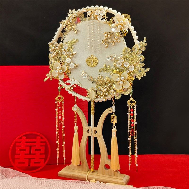 艺涵手作中式金色秀禾手工喜扇古风婚礼扇新娘团扇结婚diy材料包