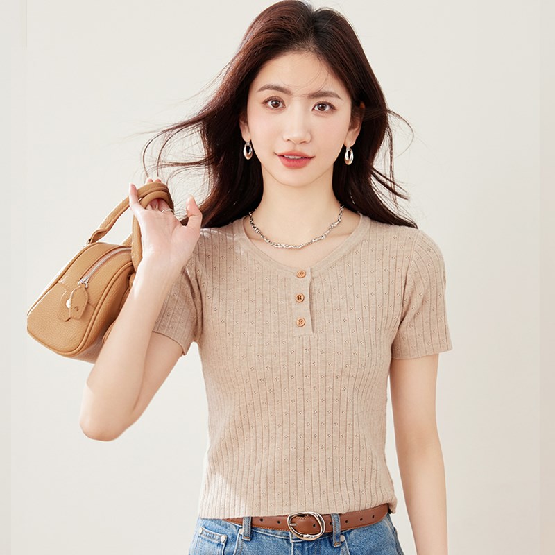 短款短袖t恤女2025新款夏 薄款镂空针织衫小个子高腰气质露脐上衣