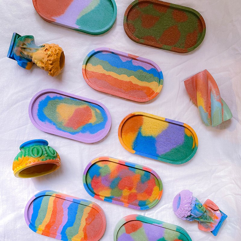 扩香石托盘精致高端茶杯酒店香灰高颜值家用彩色水泥长条形首饰盘