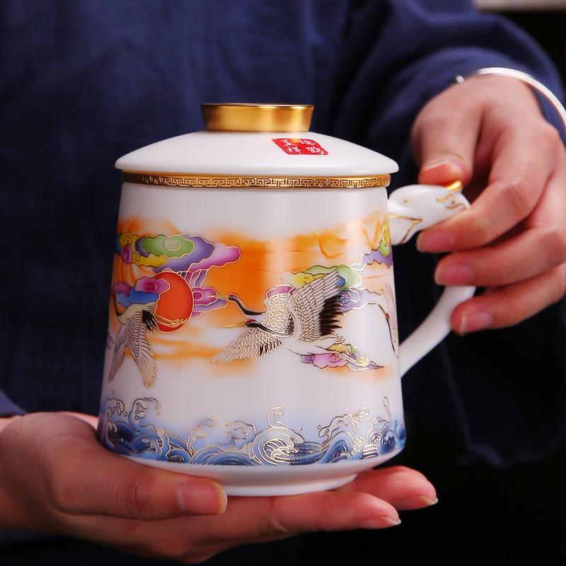 德化羊脂玉高档白瓷茶水分离陶瓷茶杯带盖办公室喝水杯个人杯礼品