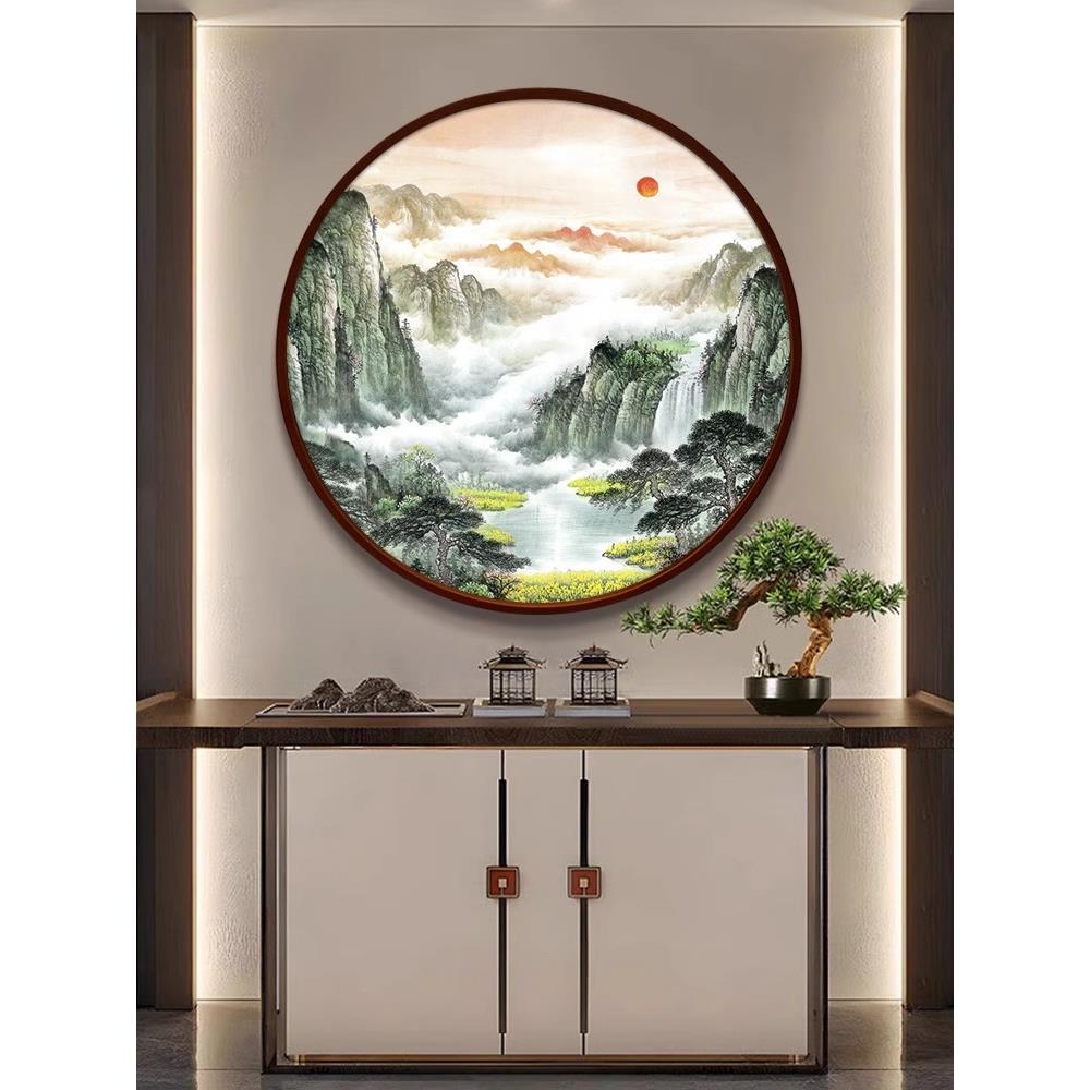 玄关山水画 画旭日东升中式挂画 画客厅办公室圆形装饰画 画书房