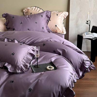 法式玫瑰床刺绣100S贡缎长HDI绒风棉全棉公四件套花边主纯棉被套