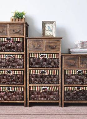 PSK复古实木阳头床柜美式田园藤台编储物柜卧室客厅斗柜边柜收纳