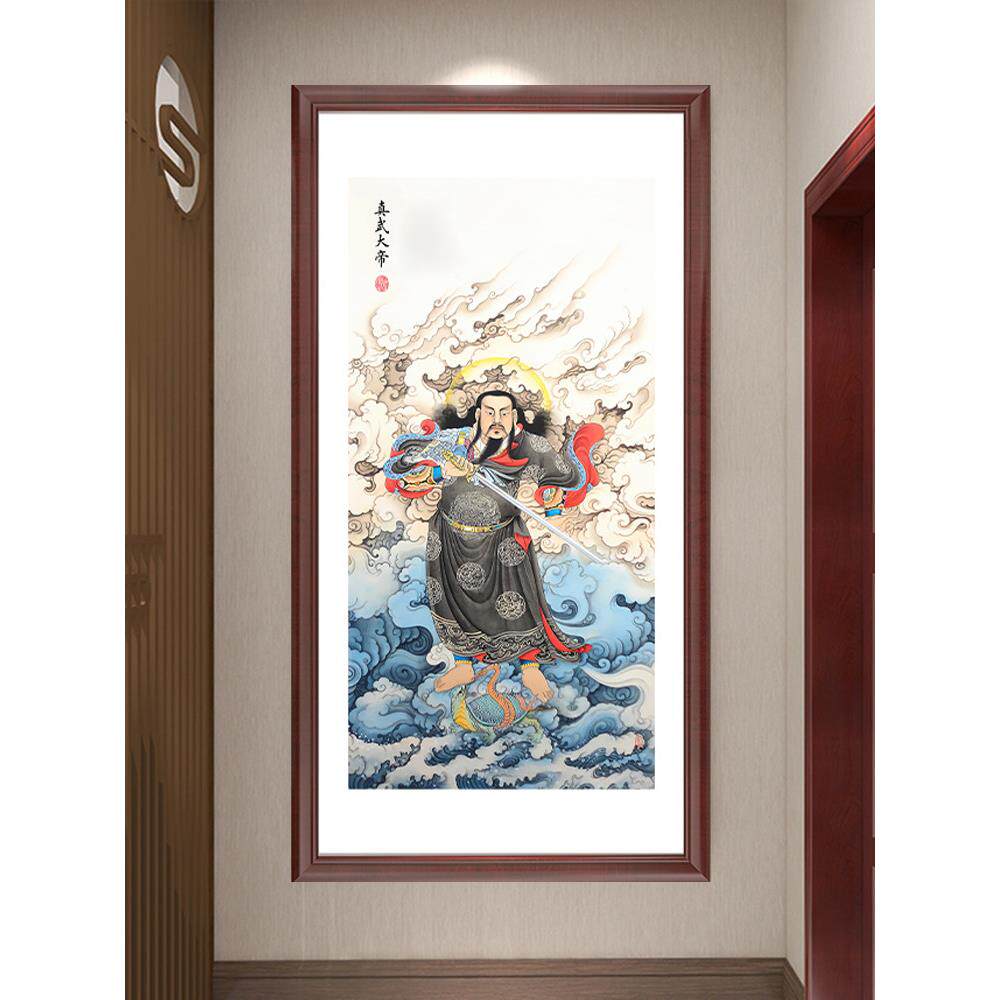 真武皇帝肖像、挂画、雕像、走廊、过道、中国风厅堂、房子、桌子