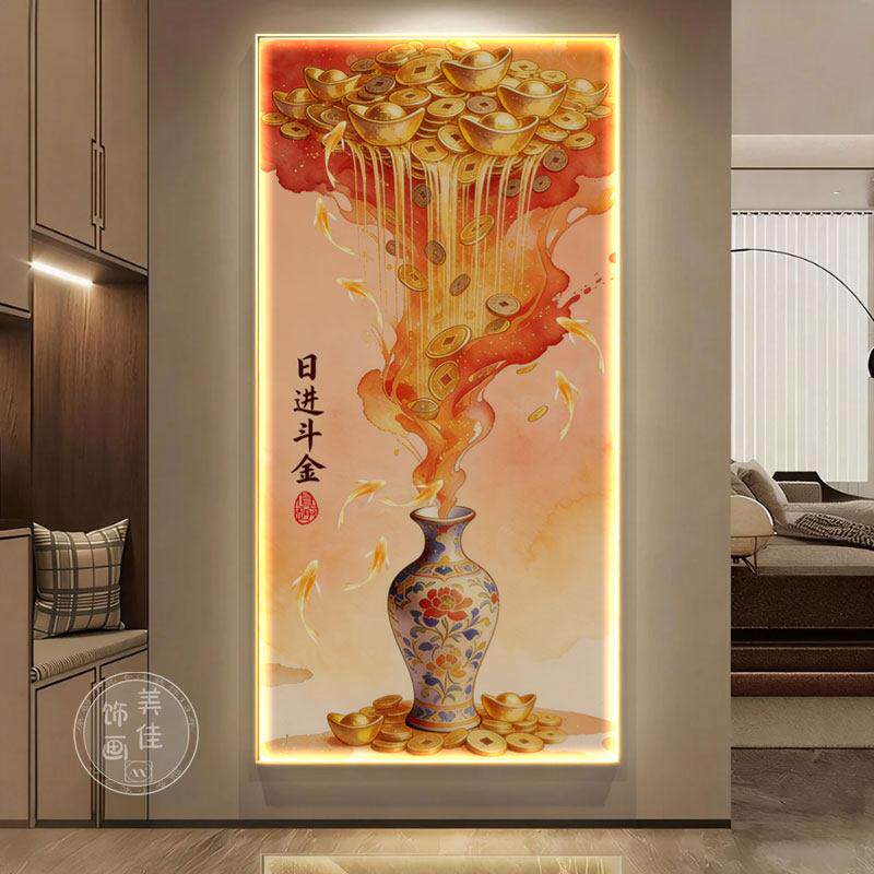 新中式红色九鱼图玄关装饰画led灯走廊过道挂画葫芦壁画2026新款