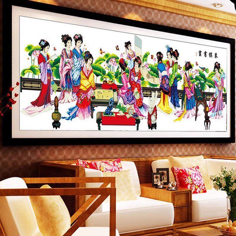 纯手工十字绣成品琴棋书画荷花版十二金钗客厅挂画人工绣好的出售