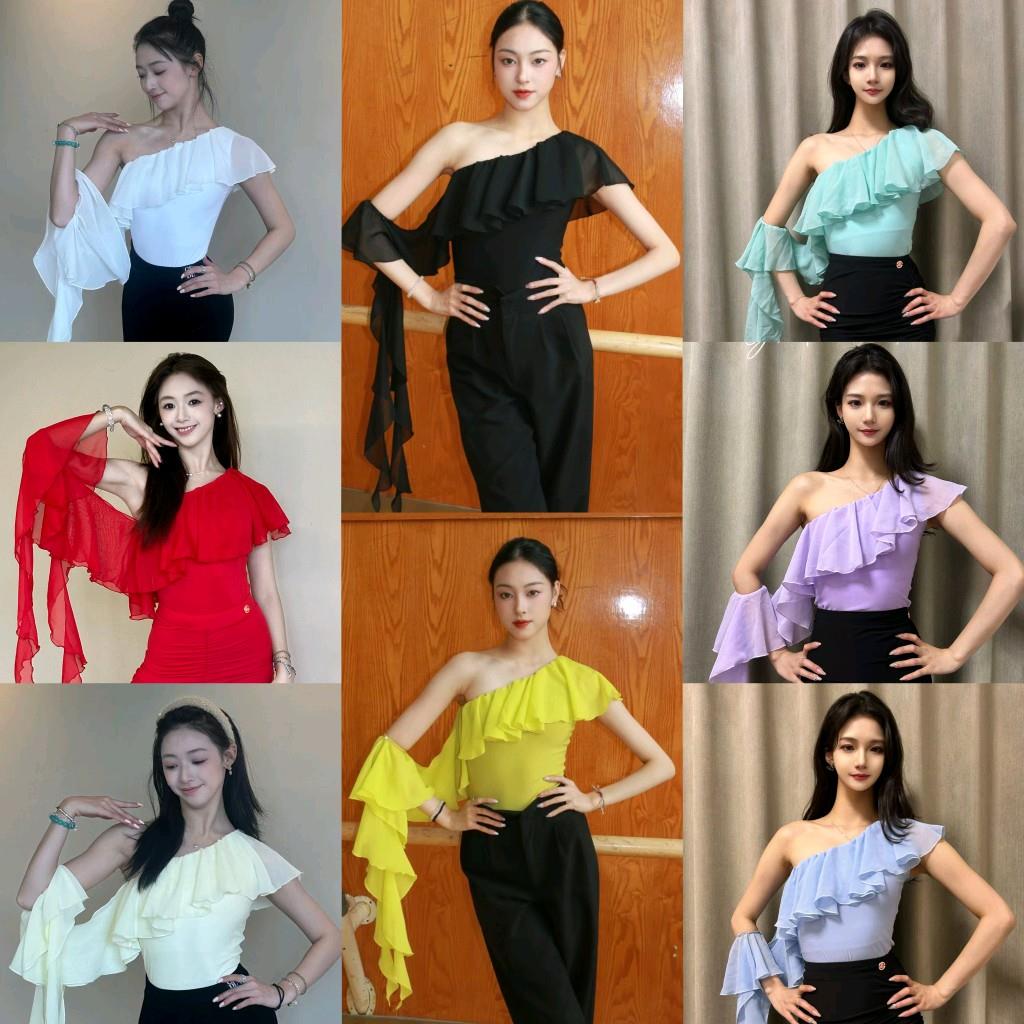 yixi舞服摩登舞服新款练功服演出服班服黑紫蓝绿斜肩荷叶边上衣女