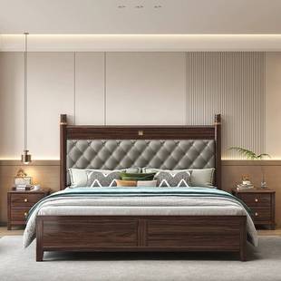 乌金木纯实木床家用新中式主卧软包床全实木床1.8M现代简约实木床