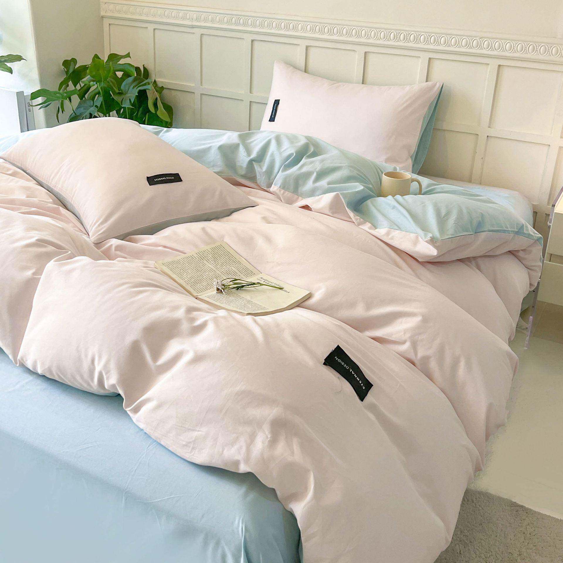 日式简约纯色四双水洗棉件拼套亲肤床磨毛LIO学生三件套笠款 - 封面