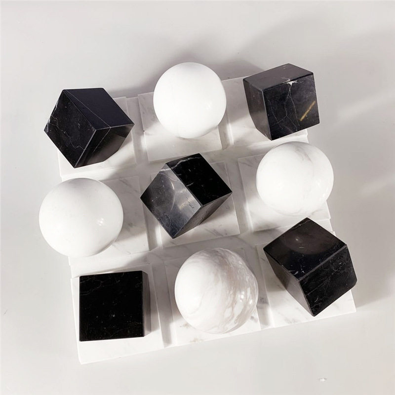 简约黑白大理石棋盘九格立方体球形摆件样板房售楼处桌面软装饰品