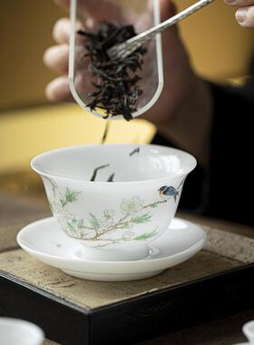 冰种手档绘盖碗青松盖长寿单个高功夫泡茶三才陶不HPF瓷碗烫手敬