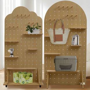 落地立式实木洞洞板可移动带轮子展示架置物架屏风隔断遮挡可