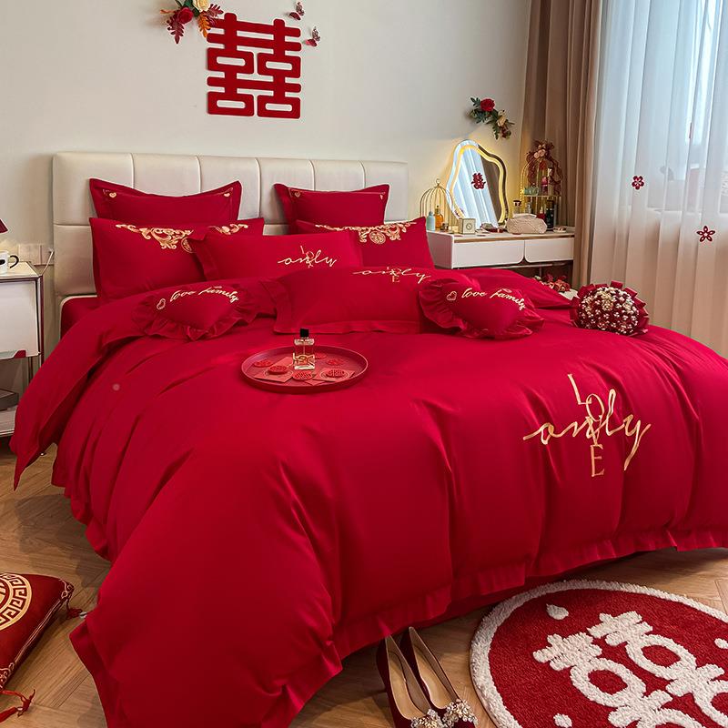 全棉结婚床陪上用四件套中式庆纯棉床单被套大婚红色品OOM喜庆嫁