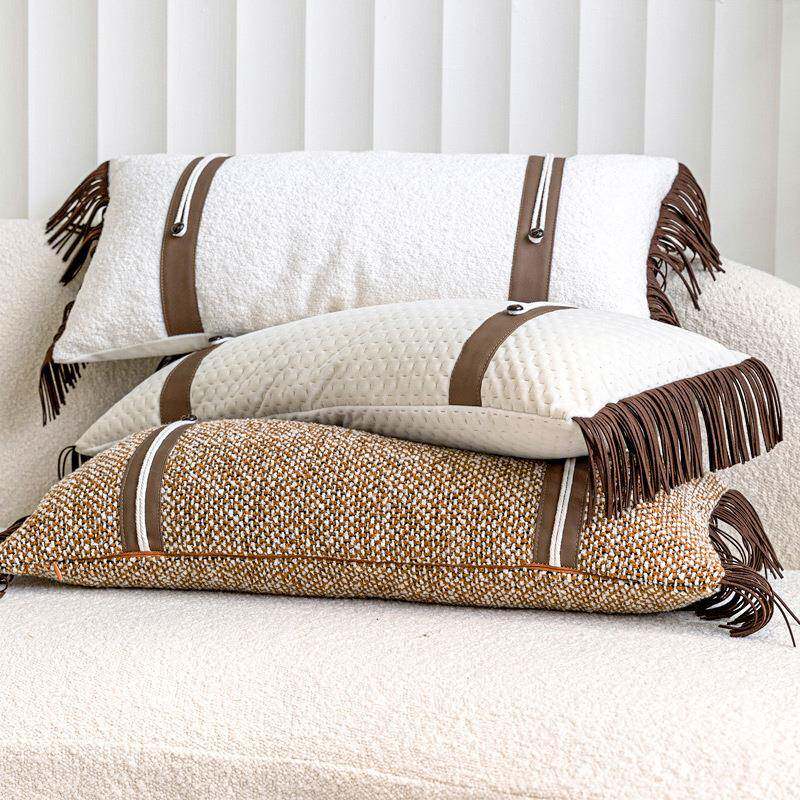 现代轻奢LFU样板间流苏宿米腰枕沙发长条形靠枕白靠橘色抱枕酒店