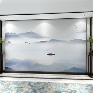 3D水墨山水中式床头沙发定制壁画客厅8D电视背景墙壁纸画墙布墙纸