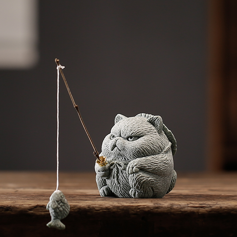 卡通可爱小猫咪茶宠动物摆件创意侠客猫钓鱼香插香托鱼缸桌面装饰