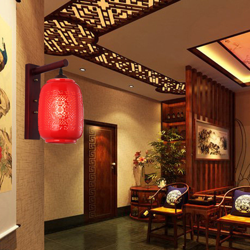 中式实木壁灯红色陶瓷客厅卧室过道仿古壁灯复古民宿茶楼装饰灯
