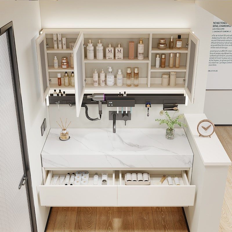 奶油风可丽耐岩板热弯无缝一体盆橡木浴室柜组合洗脸洗漱台盆定制