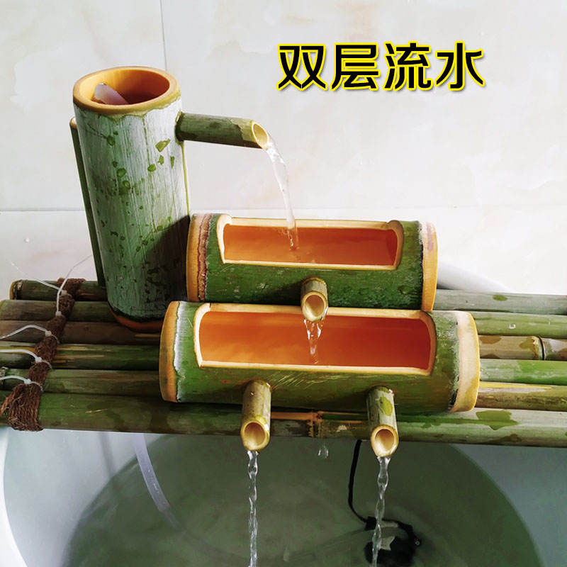 竹子流水器 石槽鱼缸鱼盆过滤竹排增氧器 水景喷泉摆件空气加湿器
