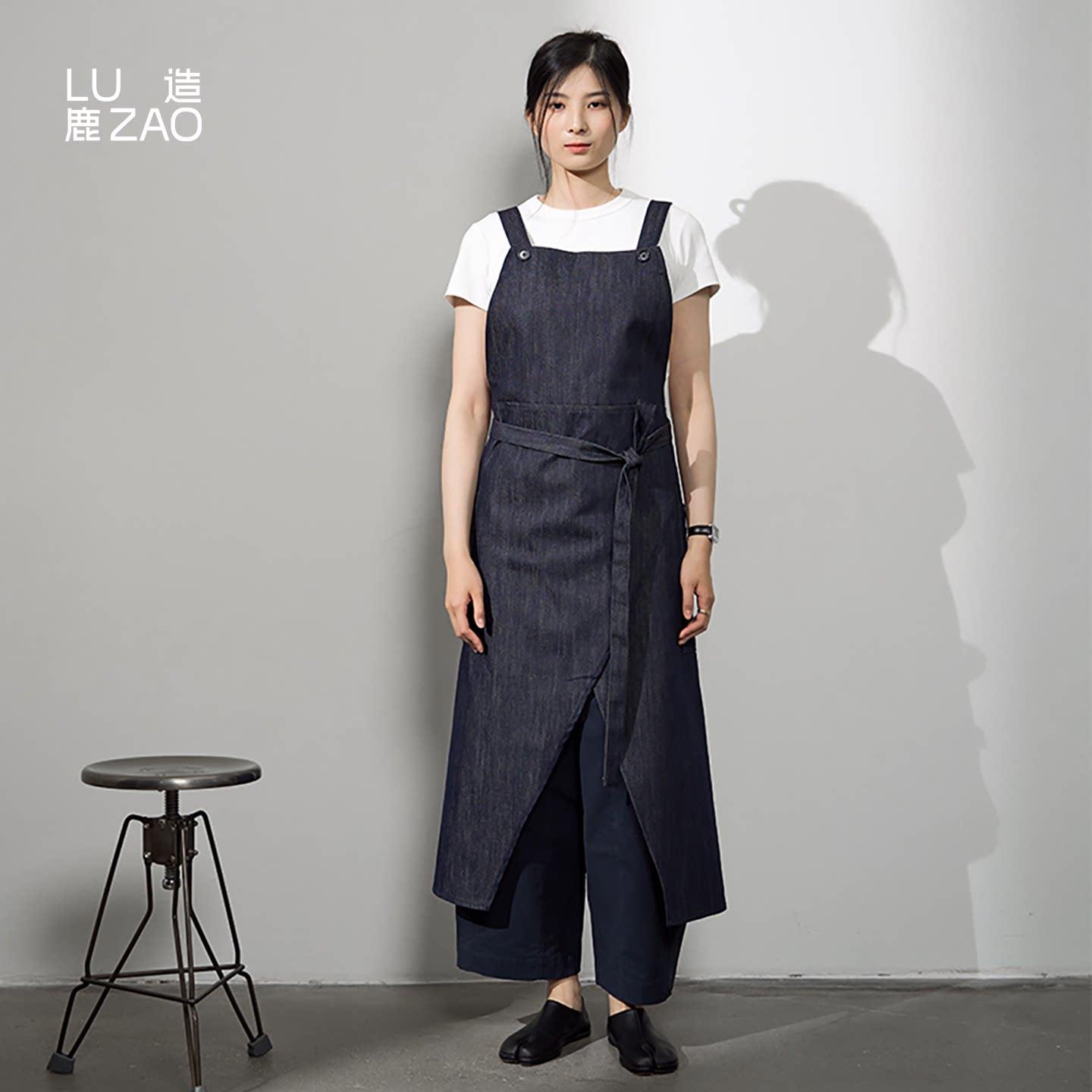 鹿造|牛仔围裙抱婴袋裤式全身开衩工作服烘焙咖啡半身围裙一衣多