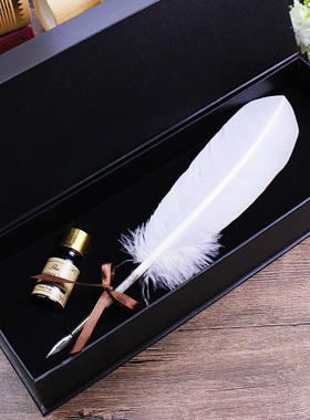 菲比羽墨 欧式简约羽毛笔火鸡白色鹅毛笔蘸水钢笔墨水礼盒套组